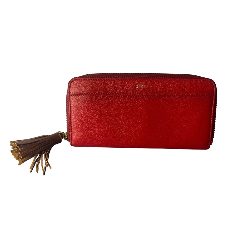 Fossil Logan Zip Around Clutch Wallet Red Pebbled Leather Tassel Zipper Pull